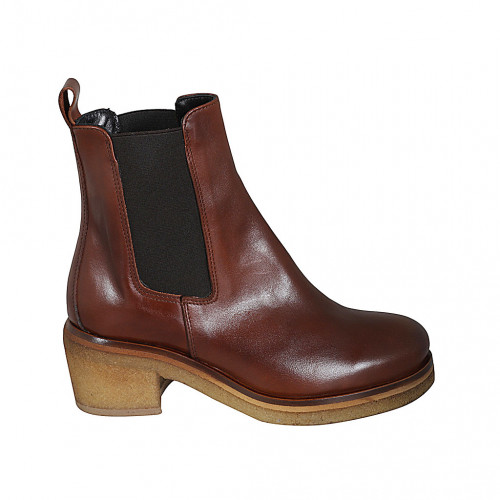 Woman's ankle boot with elastic bands in dark cognac brown leather heel 6 - Available sizes:  32, 42