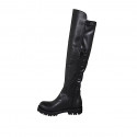 Woman's over-the-knee boot in black leather and elastic material heel 4 - Available sizes:  33, 34