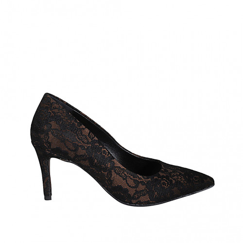 Women's pointy pump in bronze leather and black lace heel 7 - Available sizes:  32