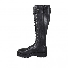 Woman's laced boot with zipper and buckle in black leather with heel 4 - Available sizes:  32, 33, 43 2