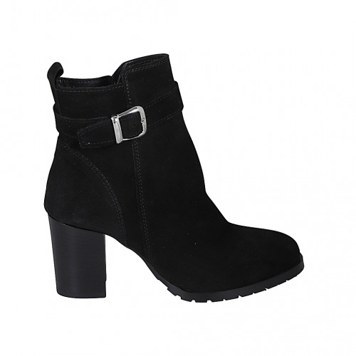 Botines para mujer con cremallera y hebilla en gamuza negra tacon 7 - Tallas disponibles:  42