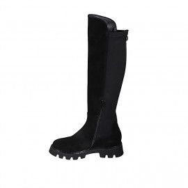 Woman's knee-high boot in black suede and elastic fabric with half zipper and backside zipper heel 4 - Available sizes:  32, 33, 43, 44, 45 2
