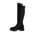 Botas a la rodilla para mujer en gamuza y tejido elastico negro con media cremallera y cremallera trasera tacon 4 - Tallas disponibles:  32, 33, 43, 44, 45