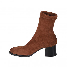 Botines para mujer en gamuza y material elastico cognac tacon 5 - Tallas disponibles:  33, 43, 45 2