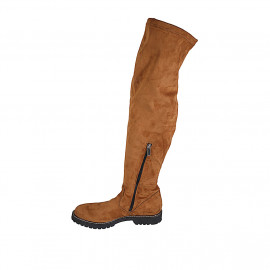 Botas a la rodilla para mujer en gamuza y material elastico cognac con media cremallera tacon 3 - Tallas disponibles:  42, 43 2