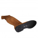 Botas a la rodilla para mujer en gamuza y material elastico cognac con media cremallera tacon 3 - Tallas disponibles:  42, 43