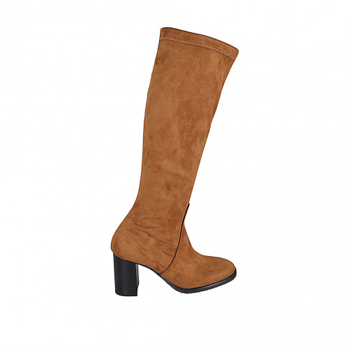 Woman's boot with half zipper in cognac brown suede and elastic material heel 7 - Available sizes:  34, 42, 43, 44