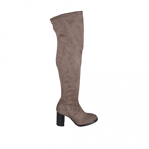 Stivale sopra al ginocchio da donna in camoscio ed elasticizzato taupe con mezza cerniera tacco 7 - Misure disponibili: 33, 42, 43