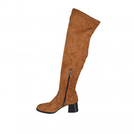 Woman's over-the-knee boot in cognac brown elastic material and suede with half zipper heel 5 - Available sizes:  32, 34, 43 2