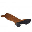 Botas sobre la rodilla para mujer en gamuza y material elastico cognac con media cremallera tacon 5 - Tallas disponibles:  32, 34, 43