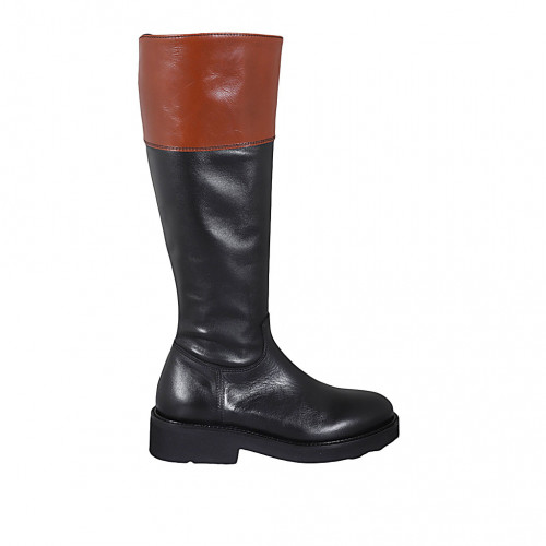 Bota para mujer en piel negra y cognac con cremallera tacon 4 - Tallas disponibles:  33