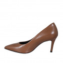 Zapato de salon puntiagudo para mujer en piel cognac tacon 7 - Tallas disponibles:  32, 42