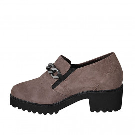 Woman's mocassin with chain, elastics and removable insole in taupe suede heel 5 - Available sizes:  42 2