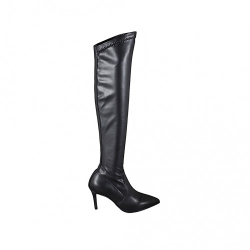 Bottes à bout pointu et au dessous de genou pour femmes en cuir et materiau élastique noir talon 7 - Pointures disponibles:  33, 42