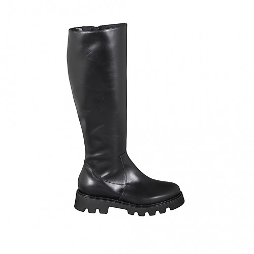 Woman's boot with zipper in black smooth leather heel 4 - Available sizes:  43, 44