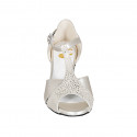 Dancing shoes with strap in platinum laminated leather and printed beige suede heel 4 - Available sizes:  32, 33, 34, 42, 44
