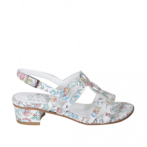 Woman's sandal in white multicolored mosaic printed leather heel 4 - Available sizes:  43, 44, 45