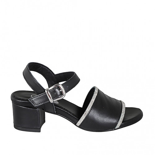 Sandalia con cinturon y estrás para mujer en piel negra tacon 5 - Tallas disponibles:  44, 45