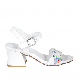 Woman's strap sandal in white and multicolored mosaic printed leather heel 6 - Available sizes:  32, 43, 44, 45