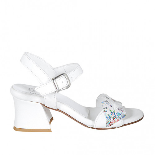 Woman's strap sandal in white and multicolored mosaic printed leather heel 6 - Available sizes:  32, 43, 44, 45