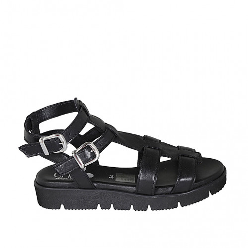 Woman's sandal with straps in black leather wedge heel 3 - Available sizes:  32