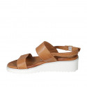 Woman's sandal in cognac brown leather wedge heel 4 - Available sizes:  42