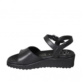 Woman's sandal with strap in black leather wedge heel 4 - Available sizes:  42 2