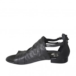 Woman's open shoe with zipper and buckles in black leather and pierced leather heel 2 - Available sizes:  32, 33 2