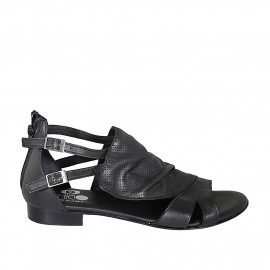 Woman's open shoe with zipper and buckles in black leather and pierced leather heel 2 - Available sizes:  32, 33