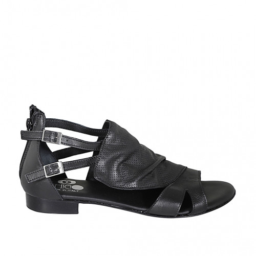 Woman's open shoe with zipper and buckles in black leather and pierced leather heel 2 - Available sizes:  32, 33