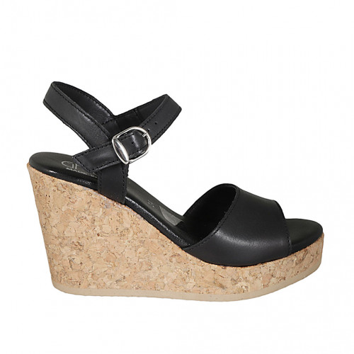 Woman's strap platform sandal in black leather with wedge heel 9 - Available sizes:  42
