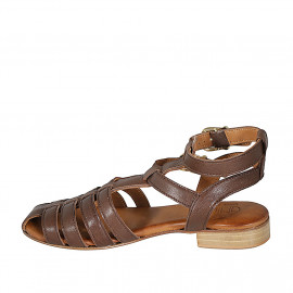 Sandalia para mujer con cinturones al tobillo en piel marron tacon 2 - Tallas disponibles:  32, 33, 42 2