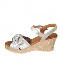 Woman's sandal with strap, platform and knot in silver and platinum leather wedge heel 7 - Available sizes:  42