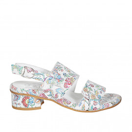 Woman's sandal in multicolored printed white leather heel 3 - Available sizes:  32, 43, 44, 45
