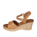 Woman's sandal with strap and platform in cognac brown leather wedge heel 7 - Available sizes:  42