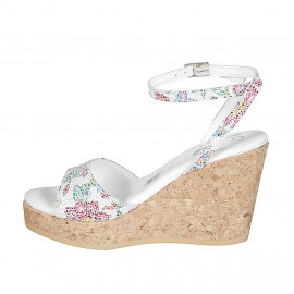 Woman's strap sandal in white multicolored mosaic printed leather with platform and wedge heel 9 - Available sizes:  42, 43 2