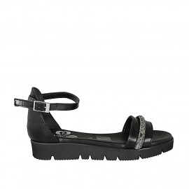 Zapato abierto para mujer con cinturon y estras en piel negra cuña 3 - Tallas disponibles:  32, 42