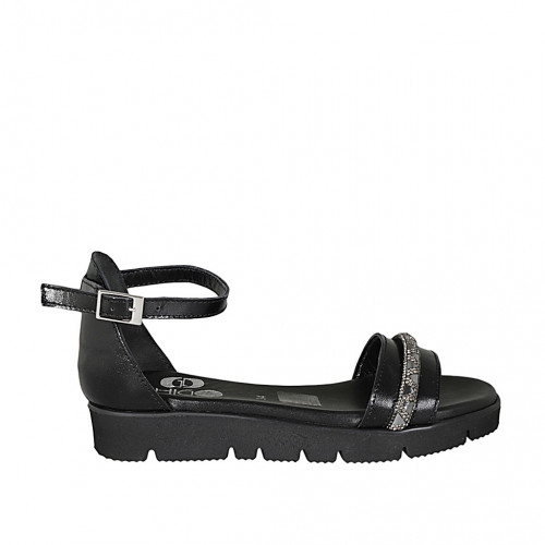 Scarpa aperta da donna con cinturino e strass in pelle nera zeppa 3 - Misure disponibili: 32, 42