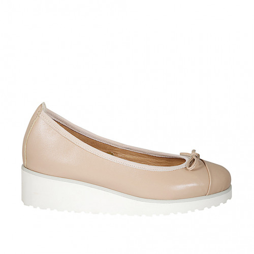 Ballerine pour femmes en cuir rose clair avec noeud et bout droit talon compensé 4 - Pointures disponibles:  44