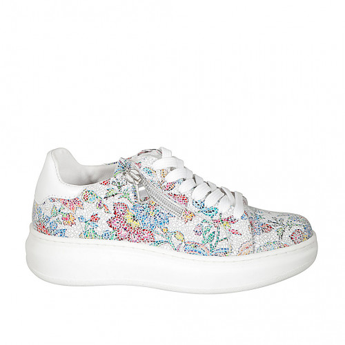 Zapato con cordones, cremallera y plantilla extraible para mujer en piel blanca y estampada multicolor mosaico cuña 4 - Tallas disponibles:  44