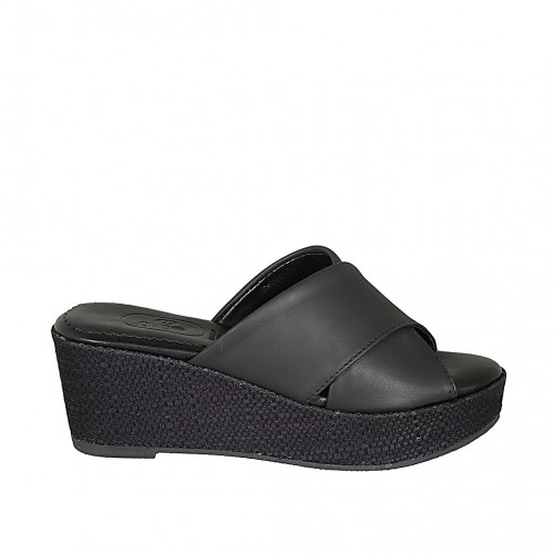 Woman's mules in black leather with platform and braided wedge heel 6 - Available sizes:  42, 43, 44