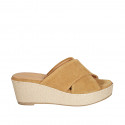 Woman's mules in cognac brown suede with platform and braided wedge heel 6 - Available sizes:  42, 43