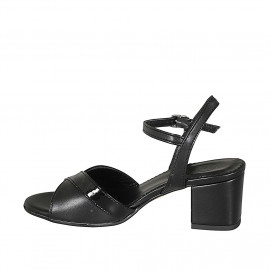 Woman's ankle strap sandal in black leather and patent leather heel 5 - Available sizes:  42, 44 2