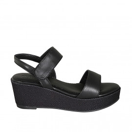 Woman's sandal in black leather with velcro strap wedge heel 6 - Available sizes:  42, 44