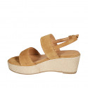 Woman's sandal with platform in cognac brown suede wedge heel 6 - Available sizes:  42, 43, 44, 45
