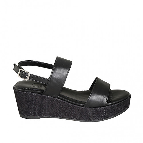 Woman's platform sandal in black leather wedge heel 6 - Available sizes:  42, 43