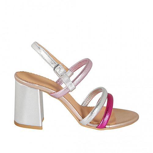 Woman's sandal in rose, silver and pink laminated printed leather heel 7 - Available sizes:  42, 44, 45