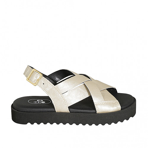 Woman's sandal in platinum laminated leather wedge heel 2 - Available sizes:  44