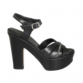 Woman's platform sandal with rhinestones and ankle strap in black leather heel 12 - Available sizes:  44