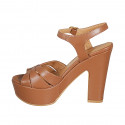 Sandalia para mujer en piel cognac con cinturon, plataforma y tacon 12 - Tallas disponibles:  43
